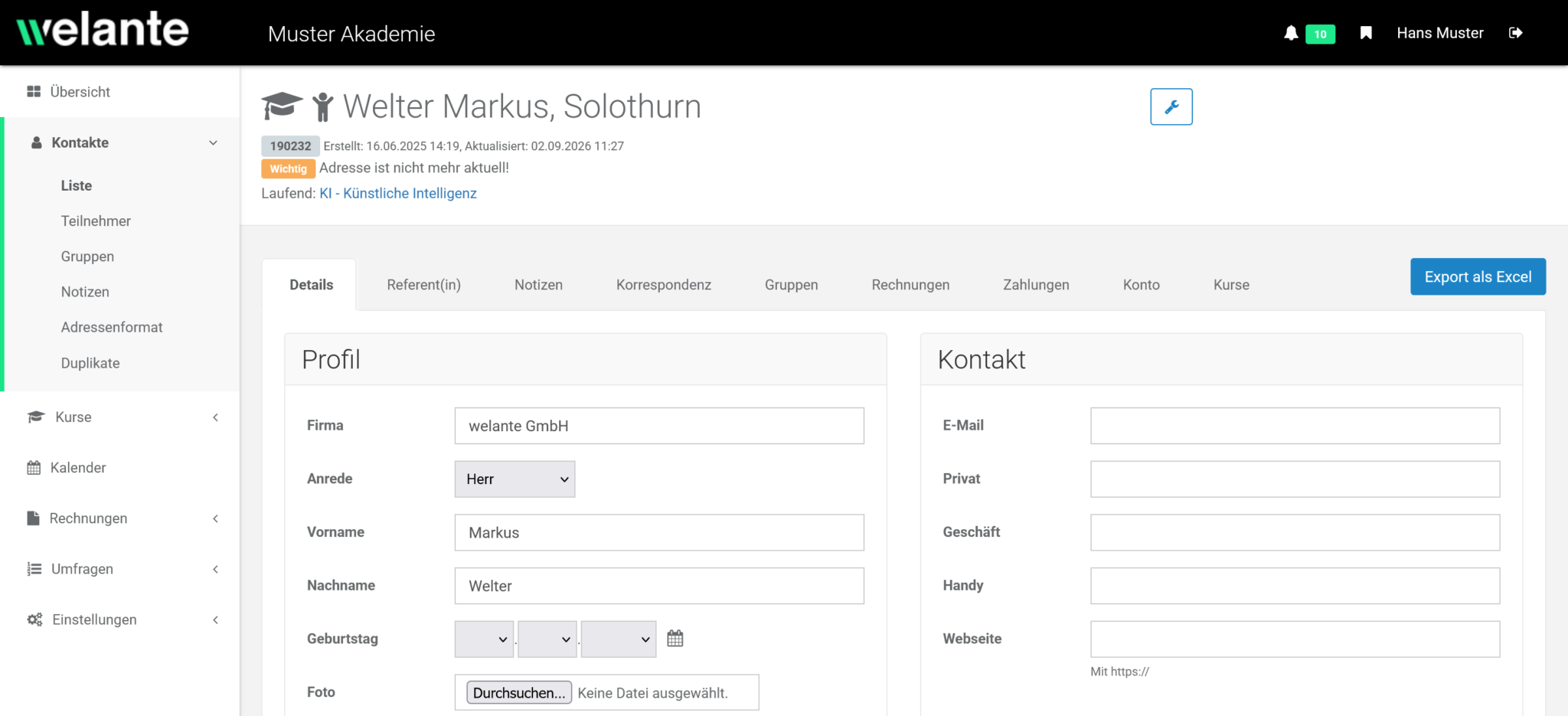 Kursverwaltung Kontakt- und Teilnehmenden-Daten